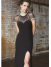 Short Sleeves Illusion Tulle Neckline Keyhole Jersey Slit Evening Dress 